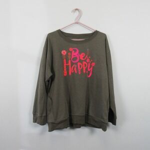 Natural Life Be Happy Graphic Sweatshirt Olive Green Women's Size L Crew Neck